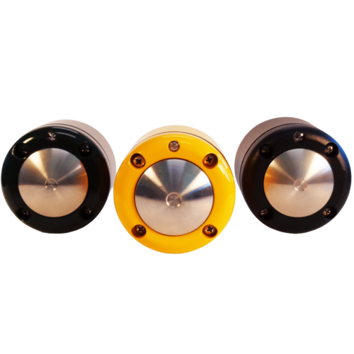 Two black and one yellow 4EVR MOAB push buttons with a button cups