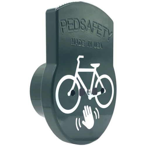 Side view of a green nxtCycle Wave touchless cyclist button