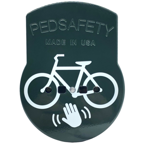 Front view of a green nxtCycle Wave touchless cyclist button