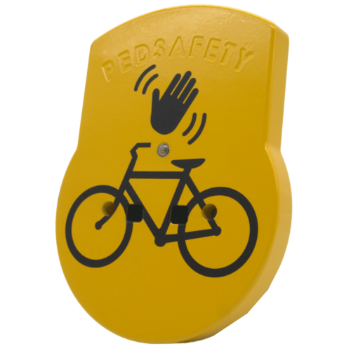 Tilted view of a yellow nxtCycle Wave touchless cyclist button