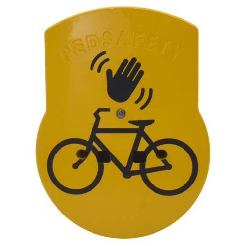 Front view of a yellow nxtCycle Wave touchless cyclist button