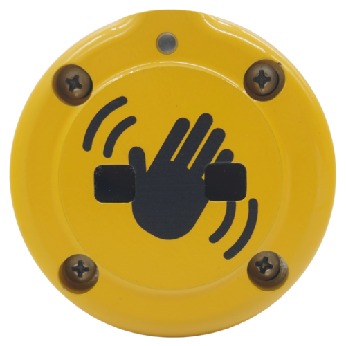 Front view of a yellow 4EVR MOAB Wave touchless pedestrian push button