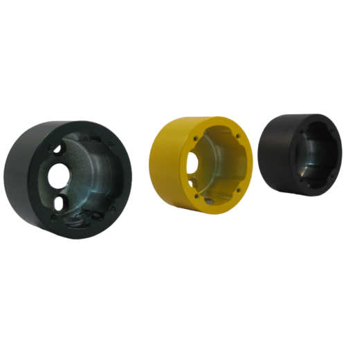 Front view of a green, yellow, and black standard button cups
