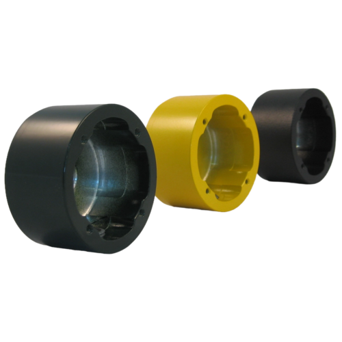 Side view of a green, yellow, and black standard button cups
