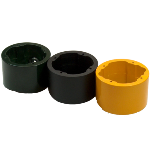 Height view of green, black and yellow standard button cups